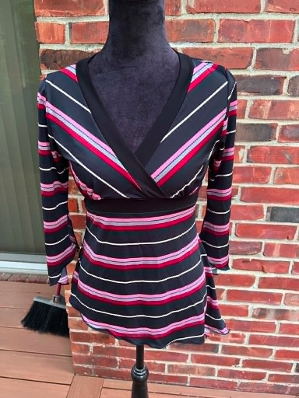 Black, Pink and White Striped Assymetrical Blouse by Abe Size M
